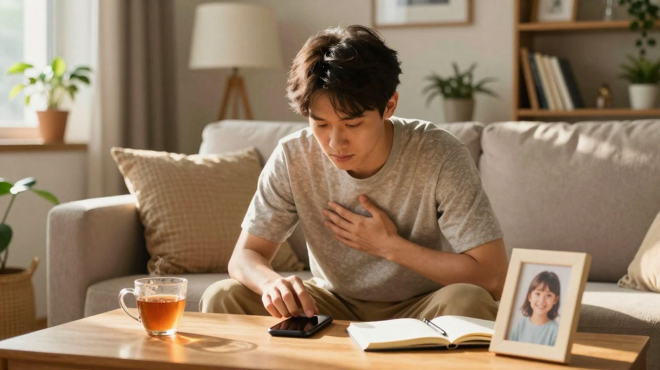 Homem sentado no sofá com mão no peito, olhando para celular sobre mesa com chá, livro aberto e foto.