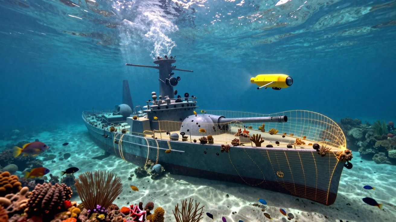 Submarino amarrado no fundo do mar cercado por corais, peixes e um drone amarelo.