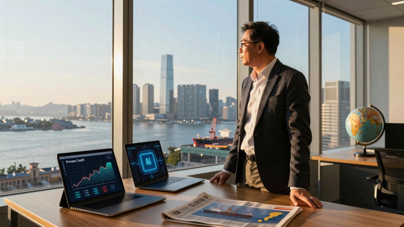 Homem de negócios observa a cidade e o porto através da janela do escritório com laptops e jornal na mesa.