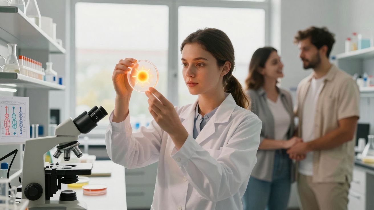 Mulher cientista em jaleco segurando lâmina com imagem do sol em laboratório moderno.