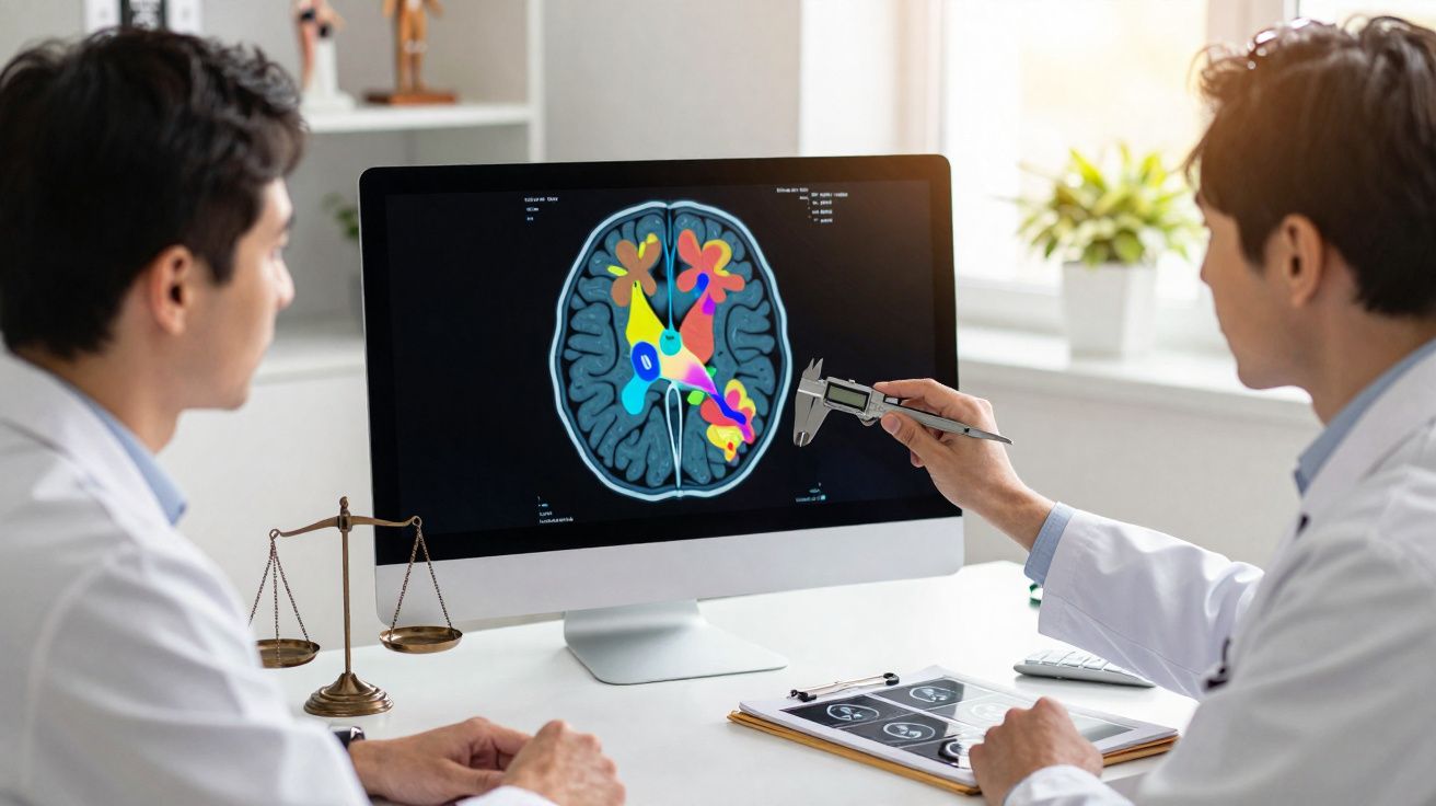 Dois médicos observando imagem colorida de cérebro na tela de um computador durante consulta.