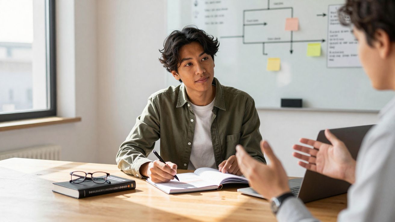 Duas pessoas em reunião, uma anotando em caderno e outra gesticulando com as mãos em ambiente de escritório.