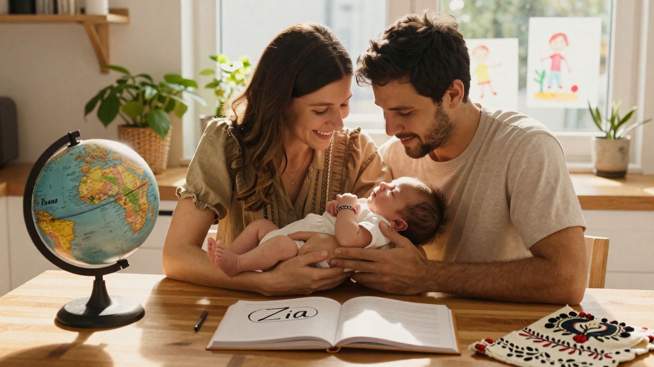 Casal sorridente segurando bebê no colo sentado à mesa com livro aberto e globo terrestre.