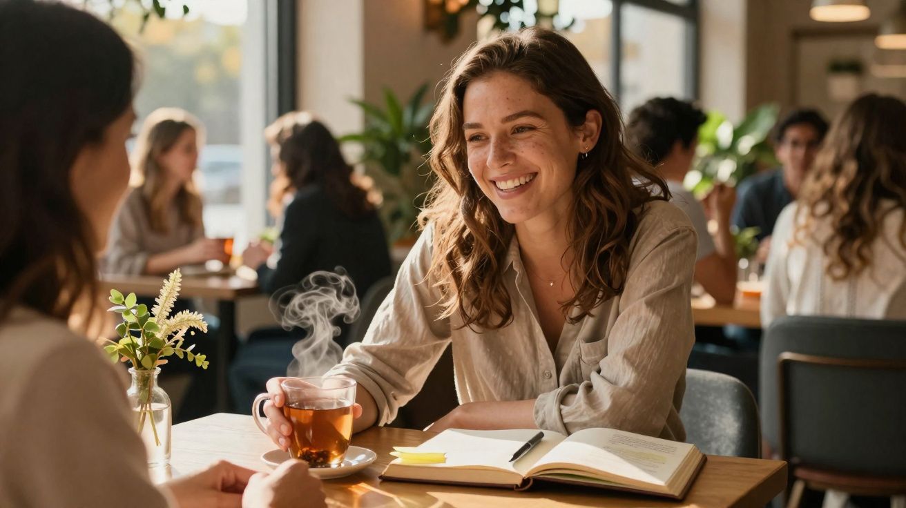 Duas mulheres conversando em café, uma delas sorrindo e segurando xícara de chá quente com livro aberto na mesa.