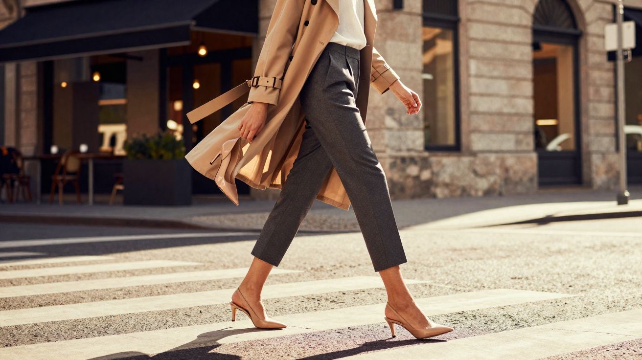 Pessoa vestindo casaco bege, calça cinza e salto alto caminhando em faixa de pedestre urbana.