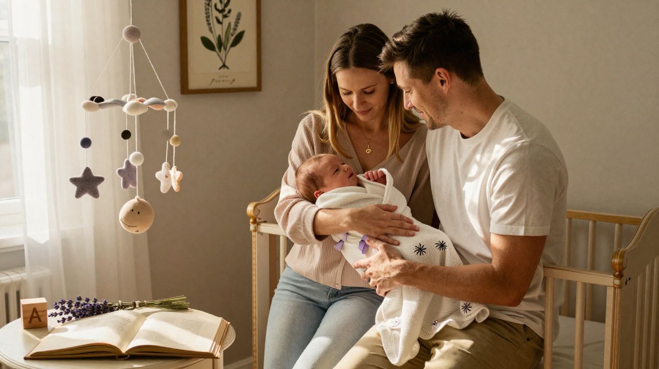 Casal sorridente segura bebê recém-nascido em quarto com berço e móbile pendurado.