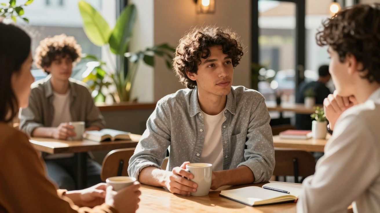 Três jovens conversando e tomando café em mesa de cafeteria com plantas ao fundo.