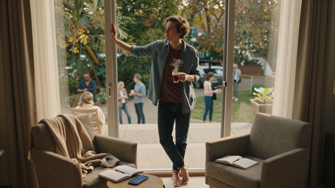 Homem segurando caneca com bebida quente, olhando pela porta de vidro para pessoas no jardim ensolarado.