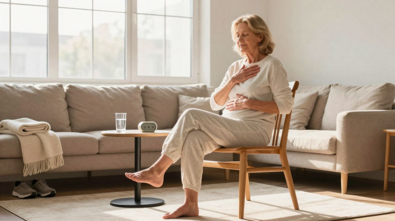 Mulher idosa praticando meditação sentada em cadeira em sala de estar iluminada.