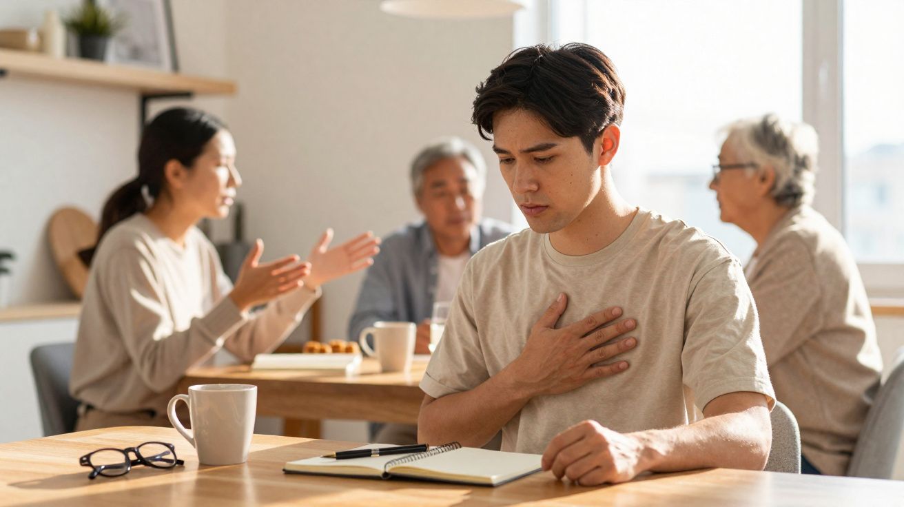 Jovem preocupado com a mão no peito enquanto duas pessoas conversam ao fundo em ambiente interno.