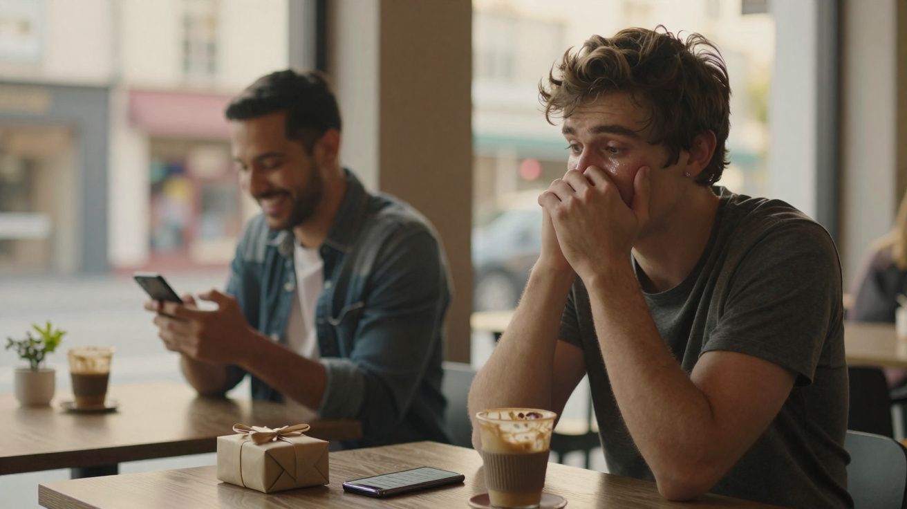 Dois homens sentados em cafeteria, um chateado com as mãos no rosto, outro sorrindo ao usar celular.