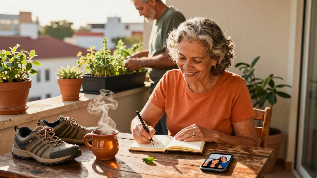 Mulher sorridente escreve em caderno na mesa com chá, celular e tênis, homem cuida de plantas ao fundo no terraço.