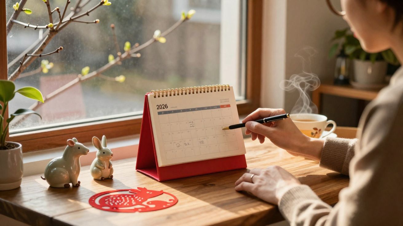 Pessoa anotando no calendário de mesa 2026 ao lado de xícara de chá e decoração na janela.