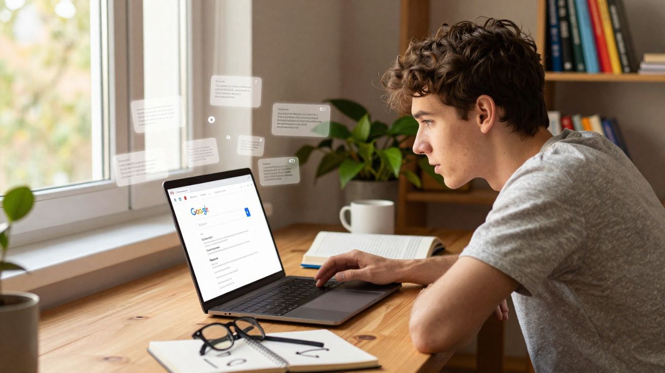 Jovem usando laptop com busca no Google em mesa próxima à janela, com livros e plantas ao redor.