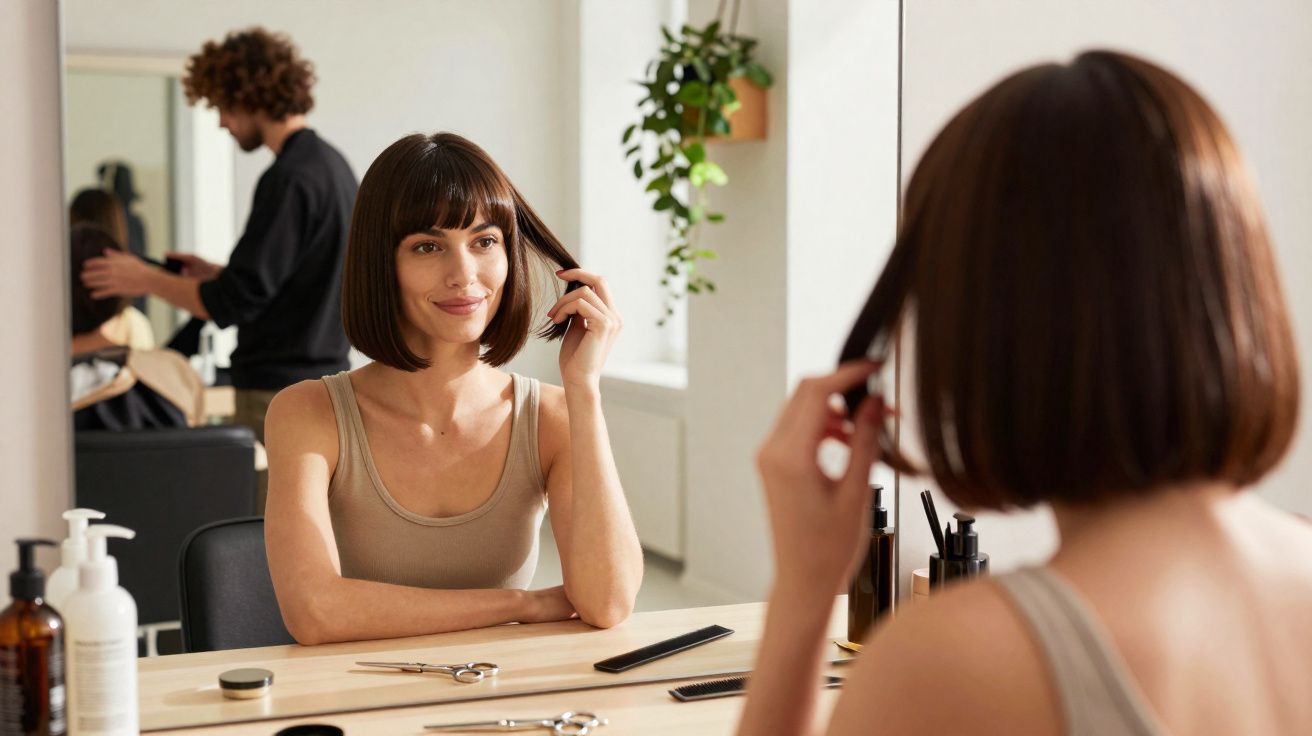 Mulher com cabelo curto e cabelo castanho escuro sentada em salão de beleza, olhando no espelho e tocando o cabelo.