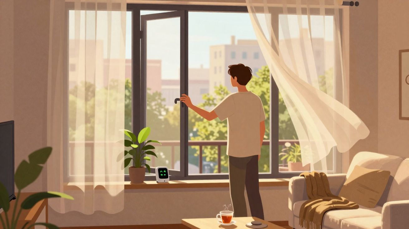 Pessoa abrindo janela com cortina esvoaçante em sala iluminada, com planta, sofá e mesa com xícara de chá.