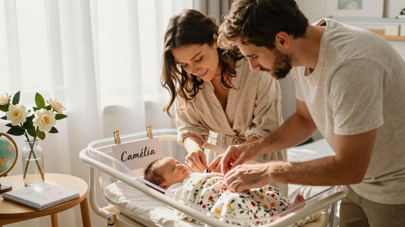 Pais cuidando do bebê recém-nascido chamado Camélia em berço transparente, em quarto iluminado e acolhedor.