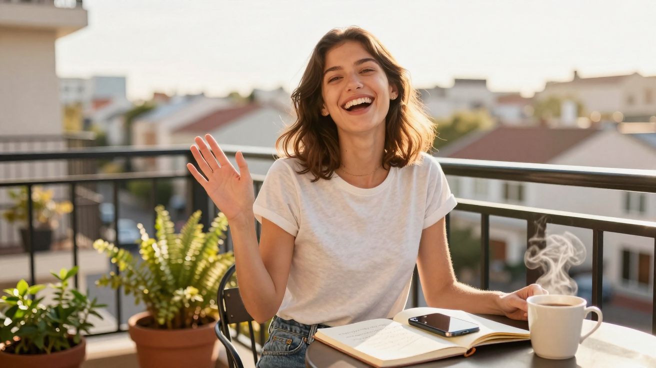 Jovem sorridente acenando sentada em varanda com caderno, celular e xícara de café fumegante.