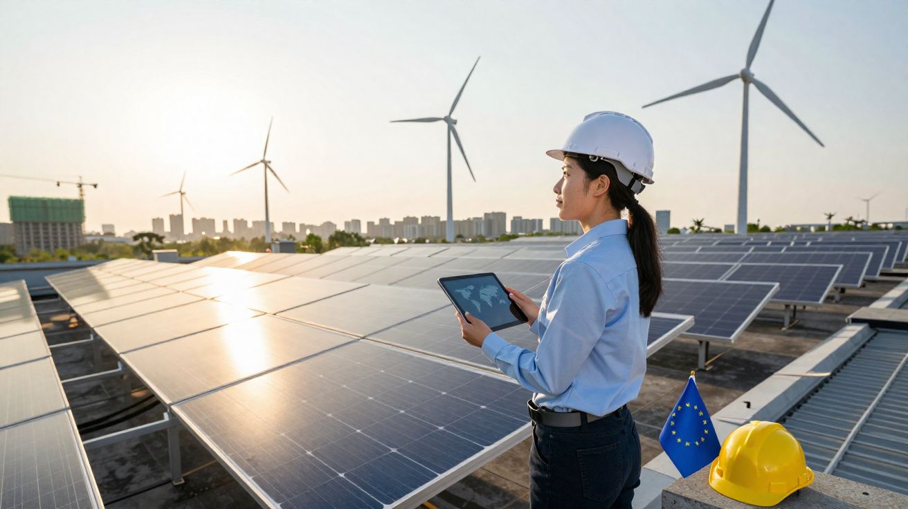 Mulher com capacete usando tablet em usina solar com turbinas eólicas ao fundo no pôr do sol.