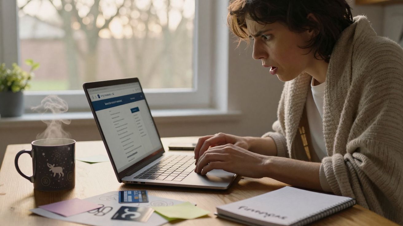 Pessoa concentrada digitando em laptop com xícara de café e anotações em mesa iluminada pela janela.