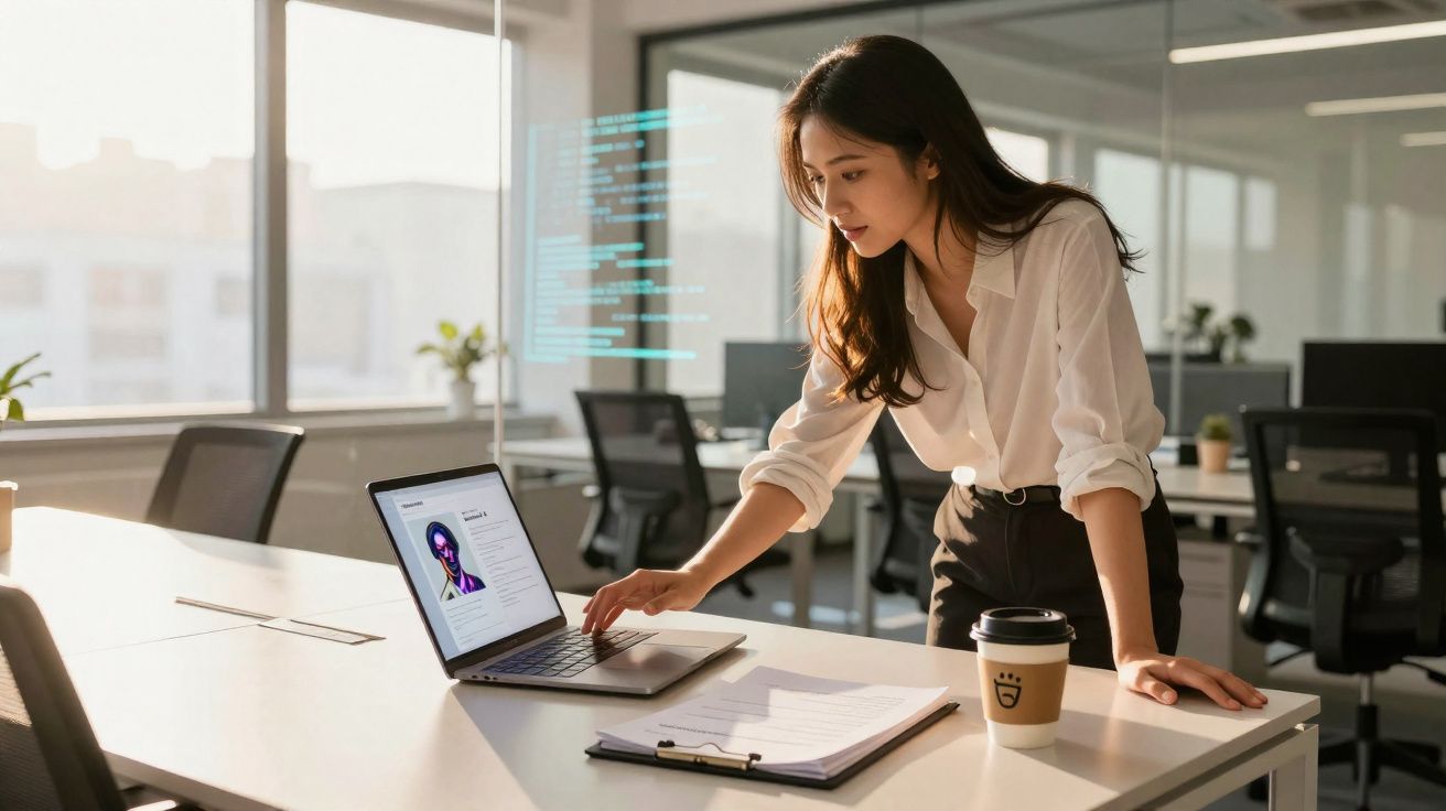Mulher jovem em ambiente de escritório olhando e digitando em laptop sobre mesa com café e prancheta.