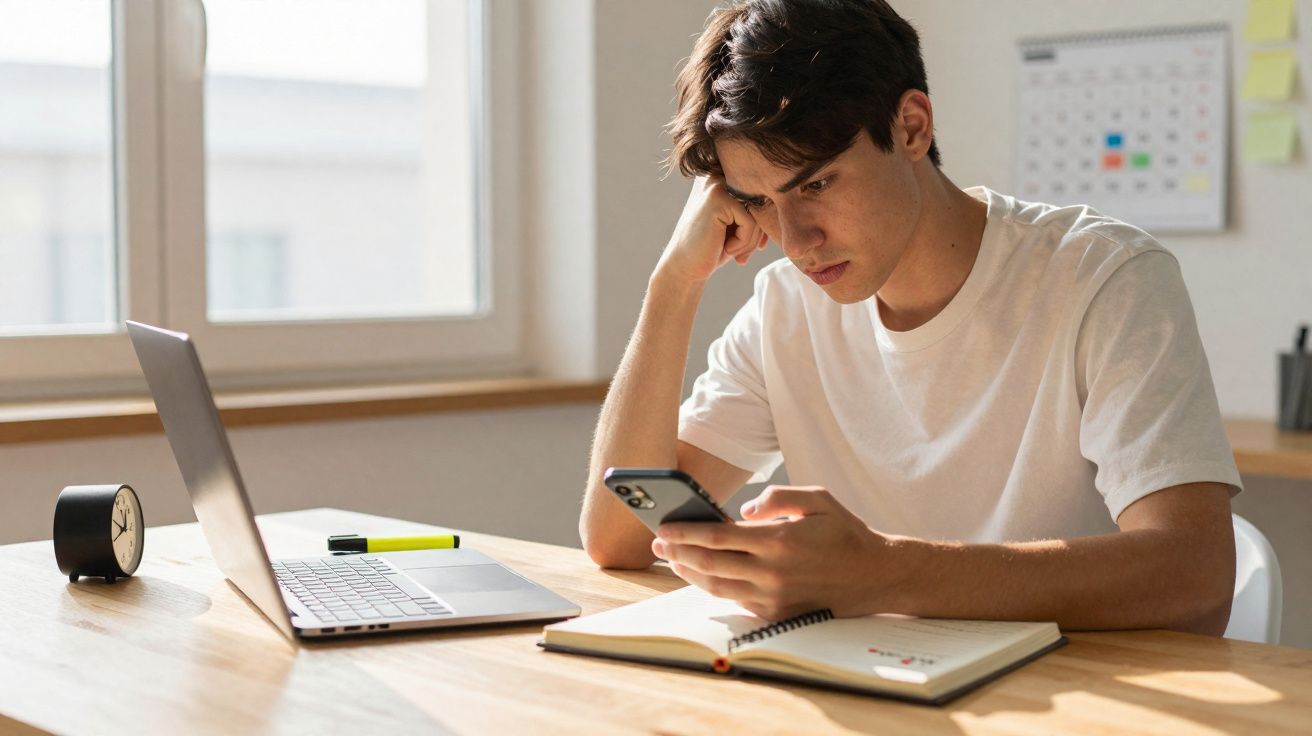 Jovem sentado à mesa com laptop, caderno e celular, olhando concentrado para a tela do telefone.