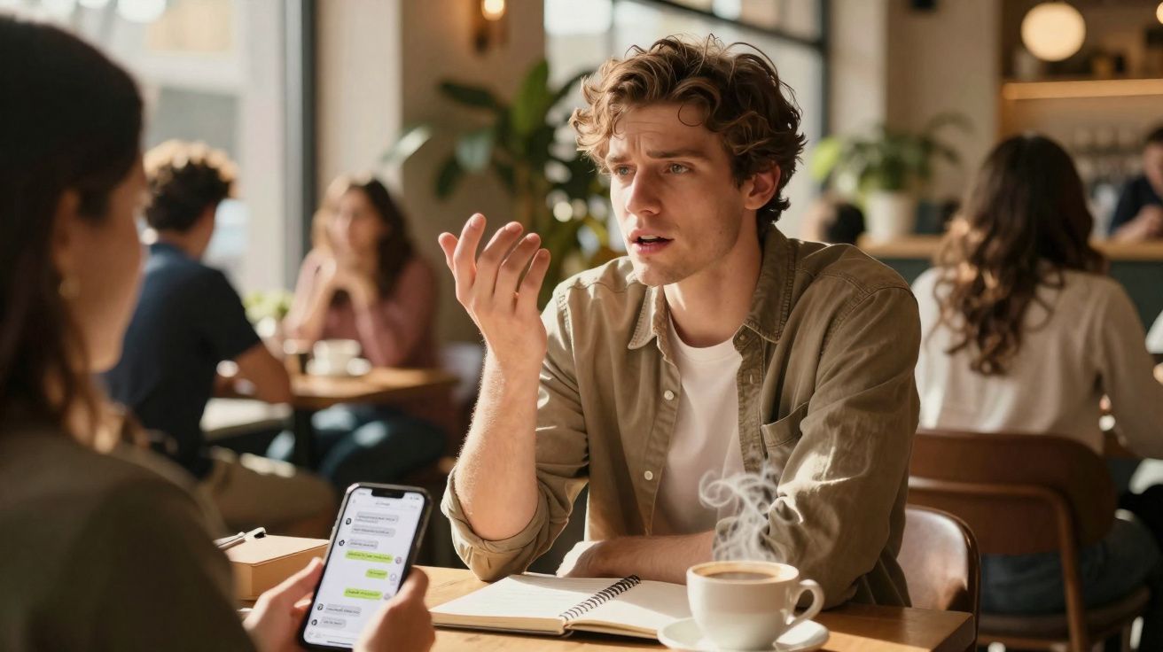 Homem expressivo conversa com mulher num café enquanto ela mostra mensagens no celular.