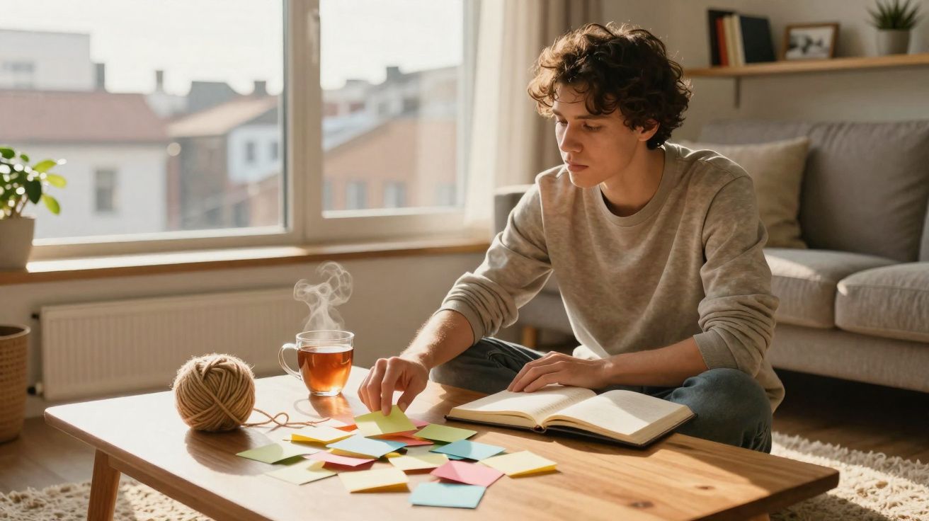 Jovem sentado no chão organizando post-its coloridos sobre mesa de madeira, com livro aberto e chá quente.