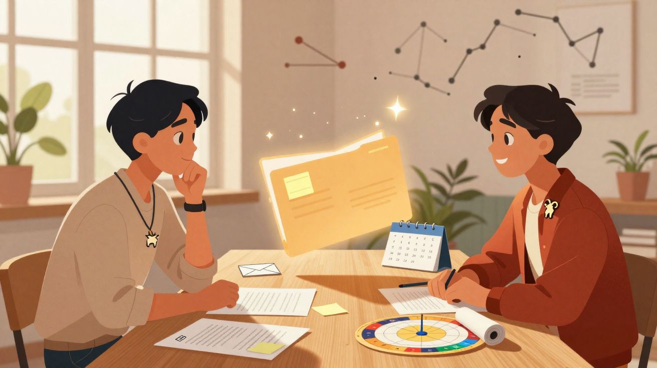 Duas pessoas conversando em mesa com documentos, calendário e arquivo digital flutuante iluminado.