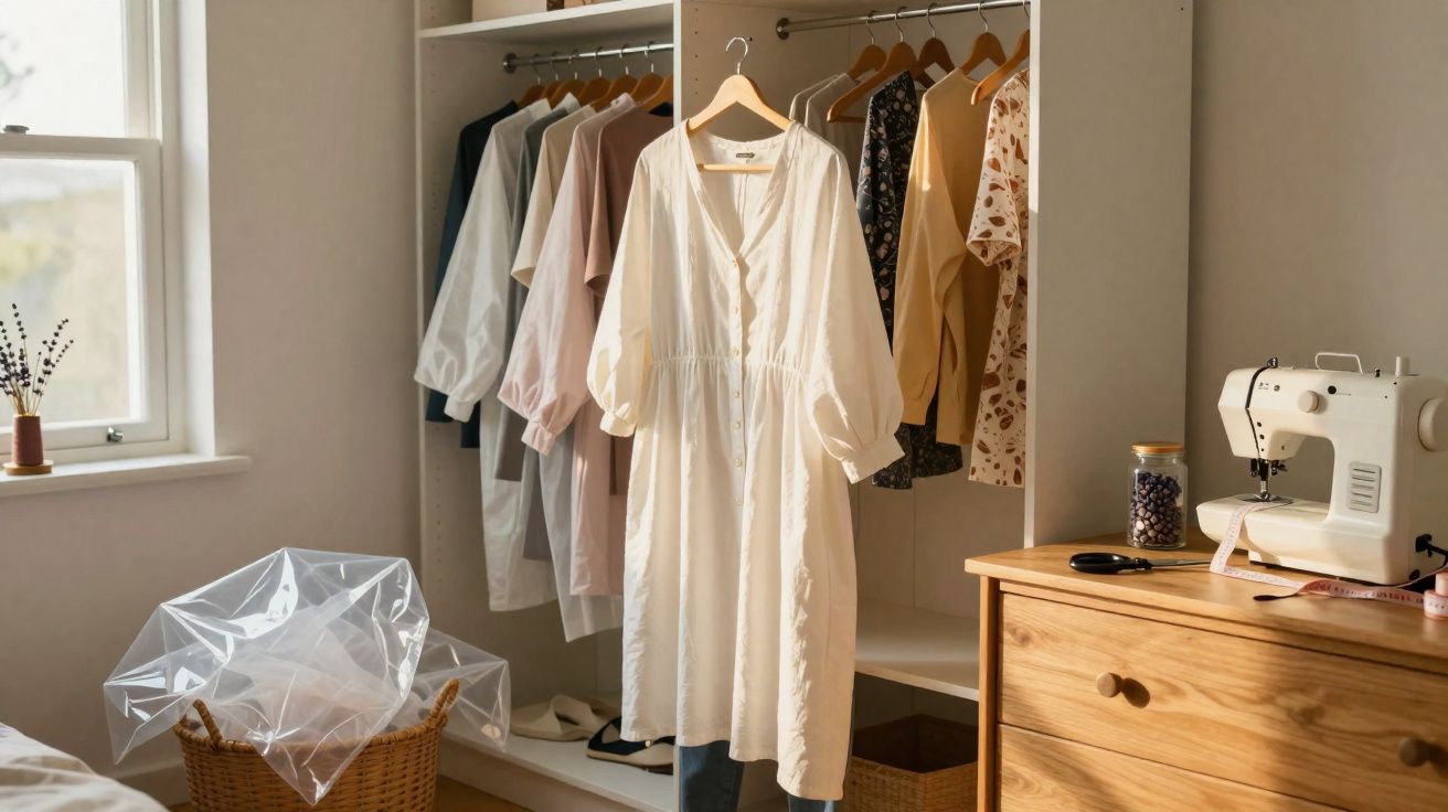 Vestido branco pendurado em armário com roupas e máquina de costura em cômodo iluminado pela janela.