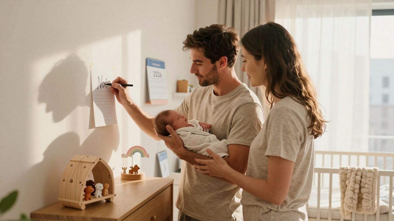 Casal segurando bebê no quarto e escrevendo nome do bebê em folha de papel na parede.