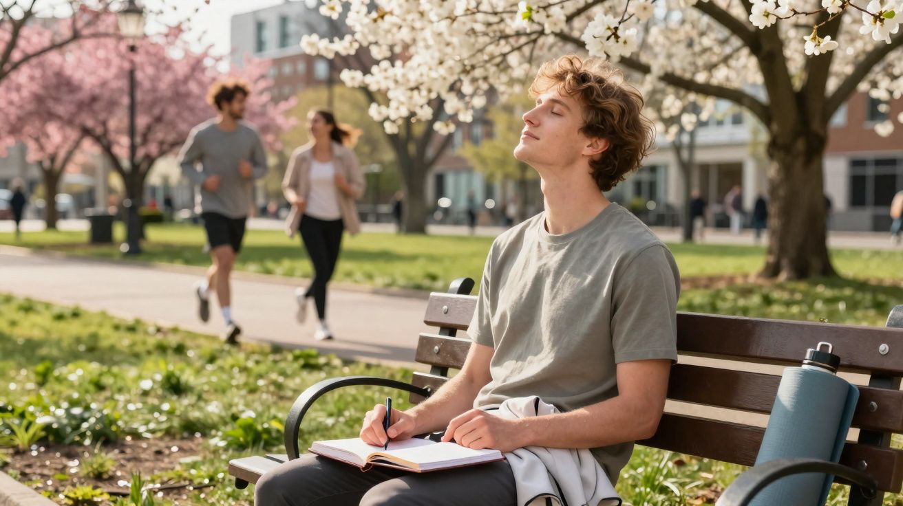 Jovem sentado em banco no parque, escrevendo em caderno com árvores floridas ao fundo.