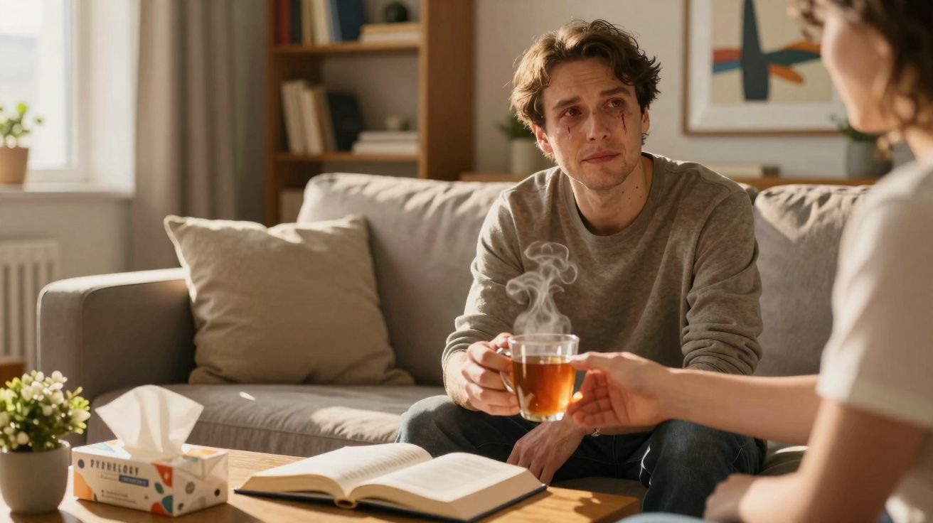 Homem com expressão triste recebe uma xícara de chá enquanto está sentado no sofá da sala.