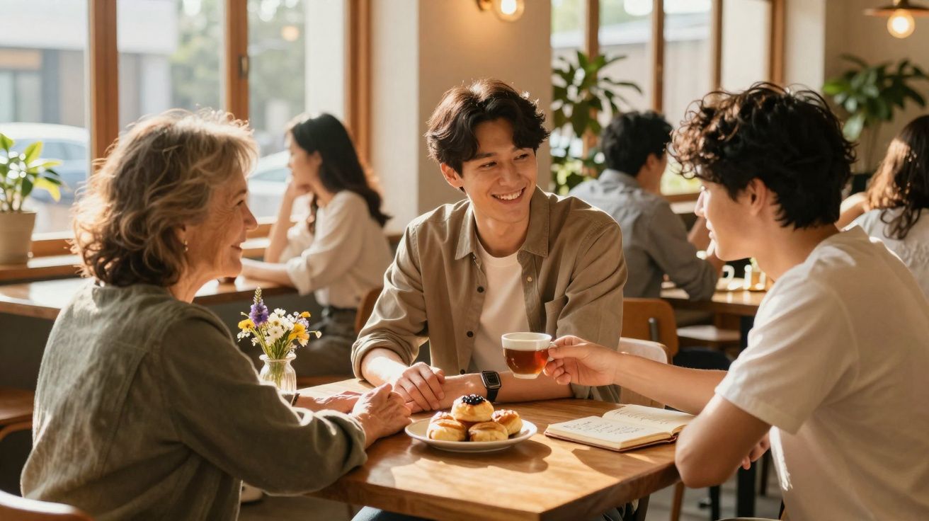 Três pessoas conversam sorrindo em cafeteria, com xícara de chá e doces na mesa.