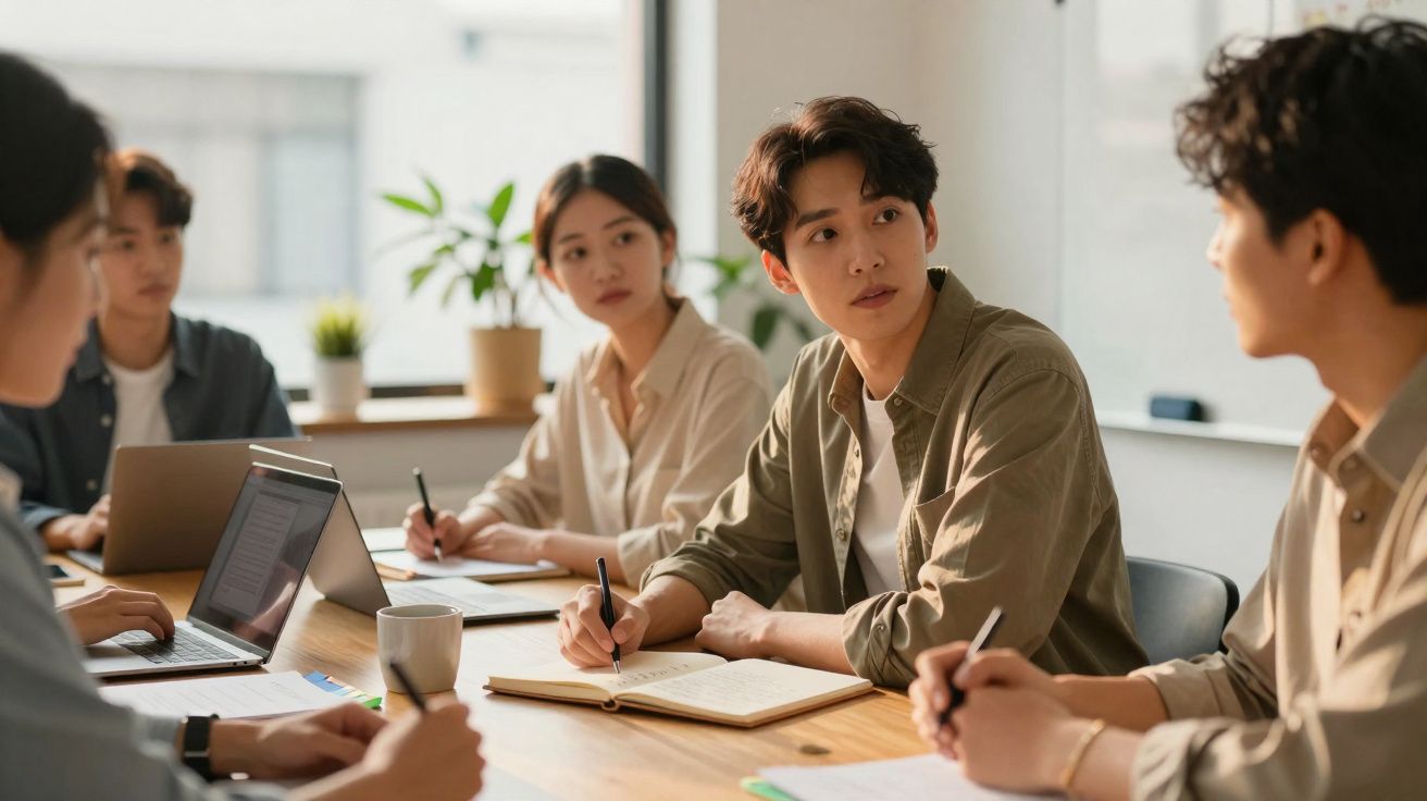 Jovens profissionais em reunião de trabalho em escritório moderno, com laptops e anotações.