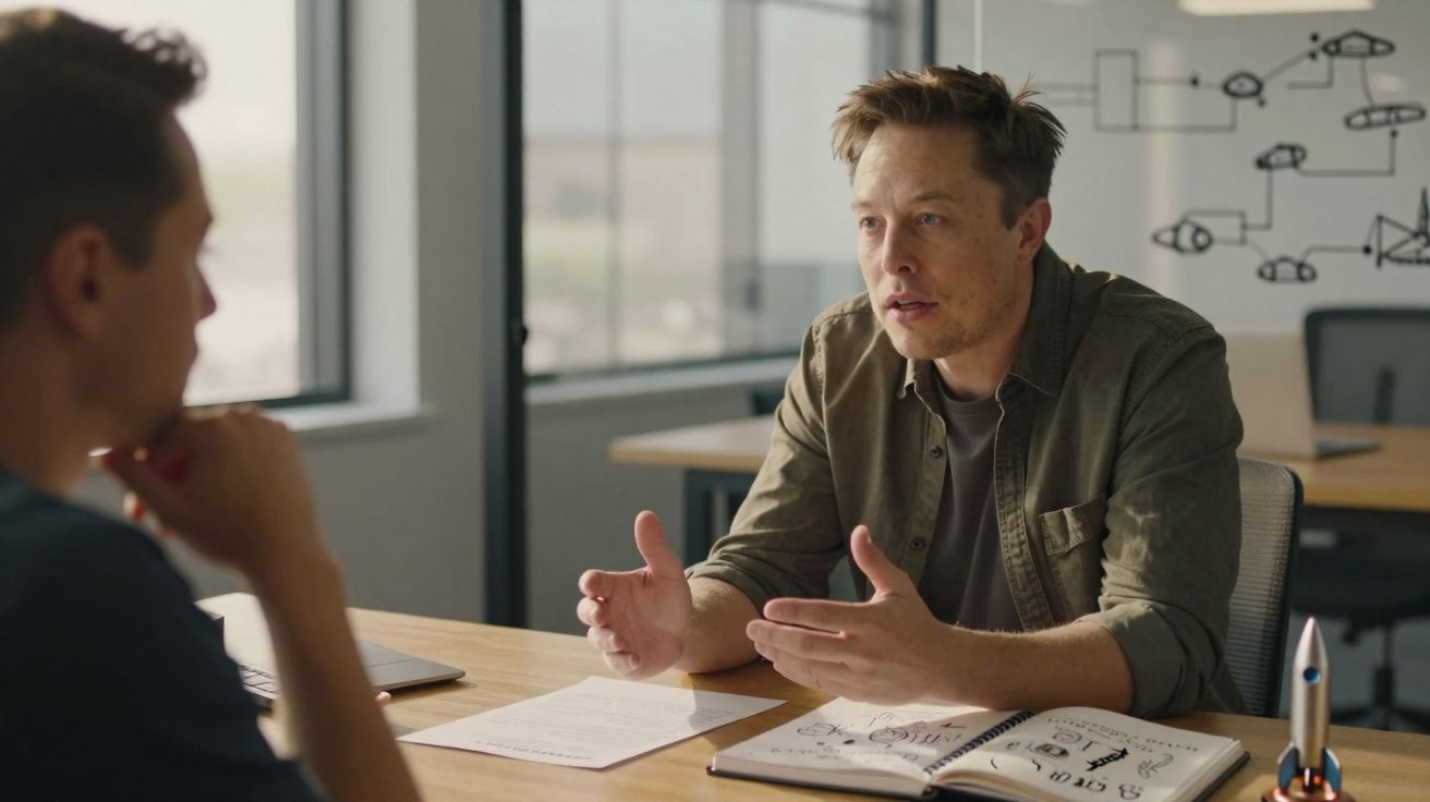 Dois homens conversando em escritório, um explicando com gestos e materiais na mesa.