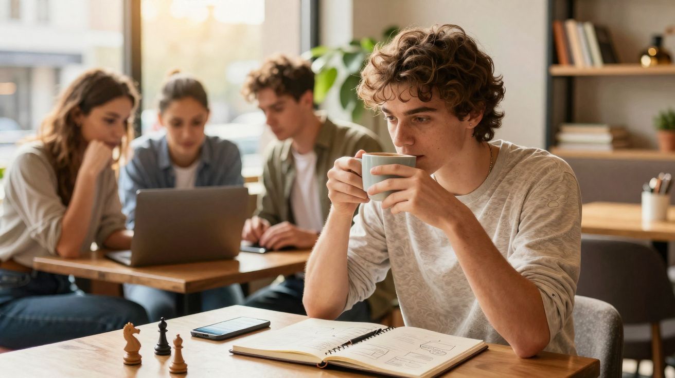 Jovem tomando café e estudando, enquanto três pessoas trabalham em grupo ao fundo em café.