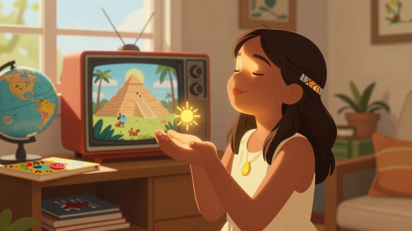 Garota sorrindo com olhos fechados segurando sol animado na mão em sala com TV e globo terrestre.