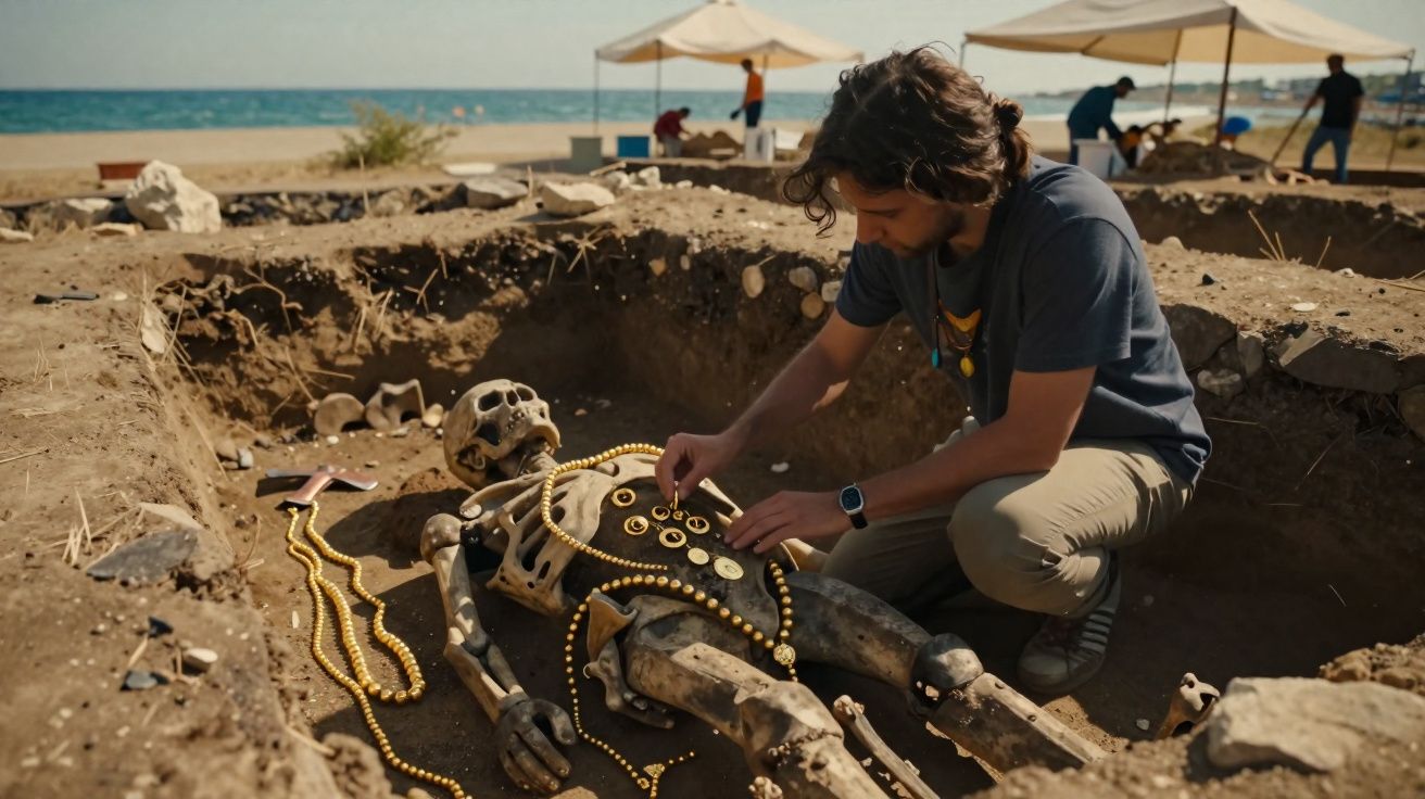 Arqueólogo examina esqueleto com joias douradas em escavação arqueológica próxima ao mar.