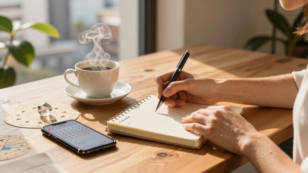 Pessoa escrevendo em caderno com caneta, ao lado de celular e xícara de café fumegante sobre mesa de madeira.