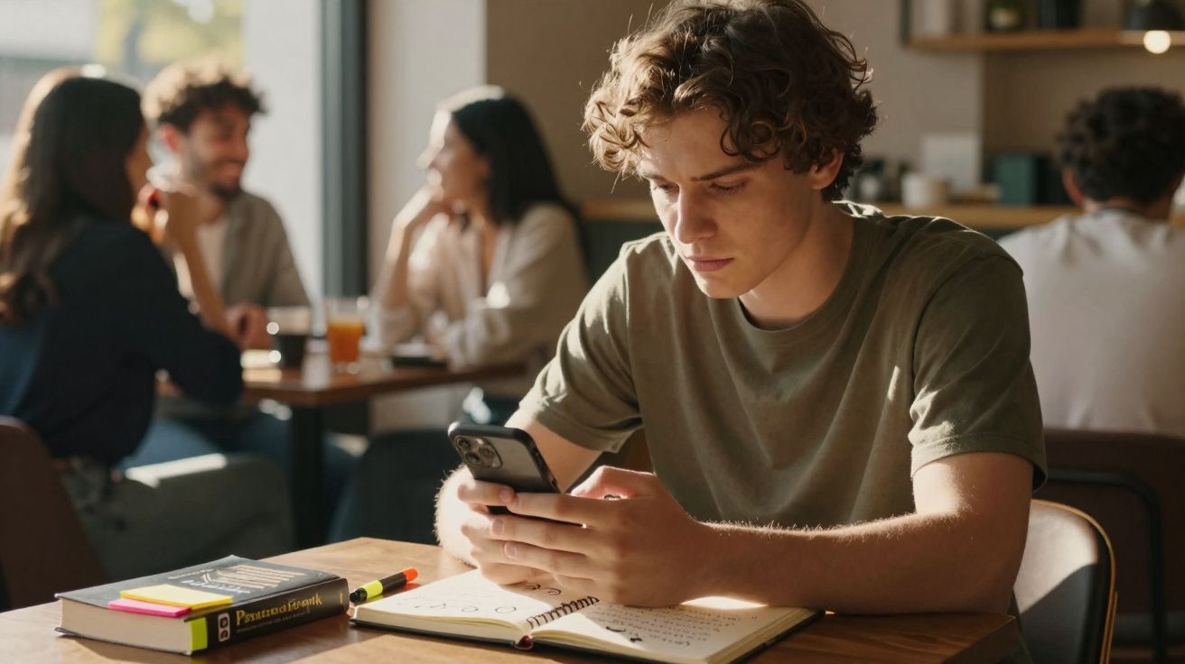 Jovem sentado em mesa de café, olhando concentrado para o celular, com caderno aberto à sua frente.