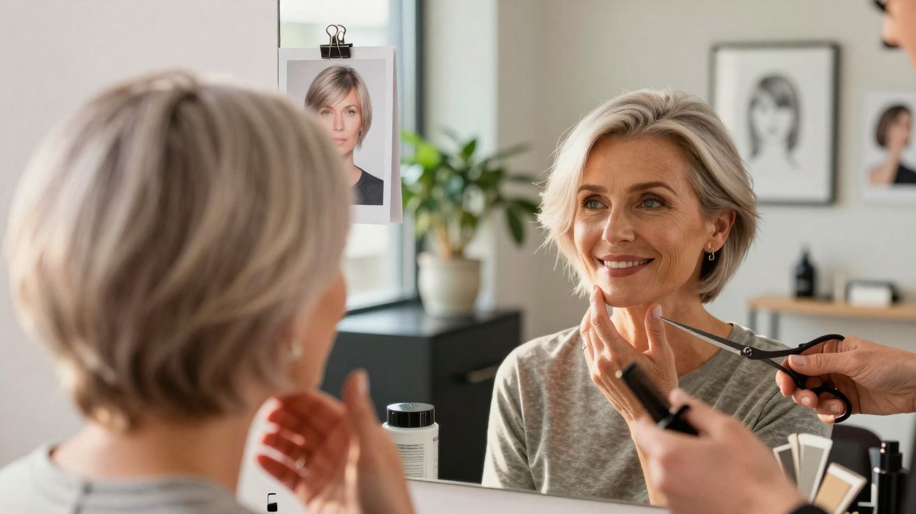 Mulher sorridente olhando no espelho enquanto cabeleireiro corta seu cabelo cinza curto.