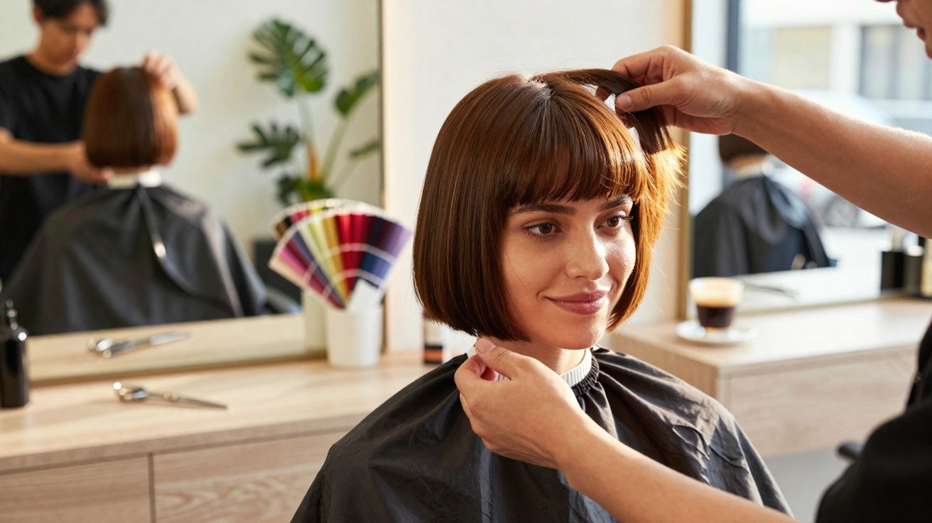 Mulher com corte de cabelo bob sendo estilizada por profissional em salão moderno e iluminado.