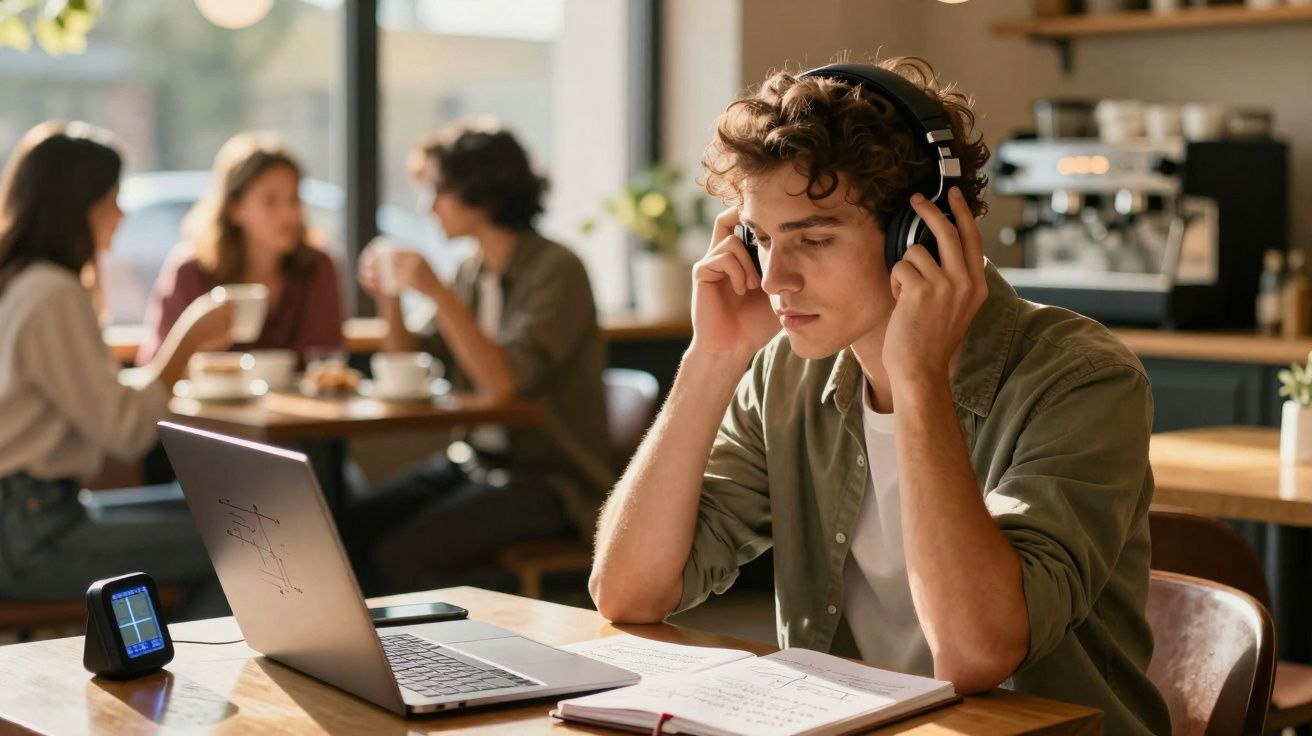 Jovem com fones de ouvido estudando em cafeteria, com laptop, caderno aberto e pessoas conversando ao fundo.