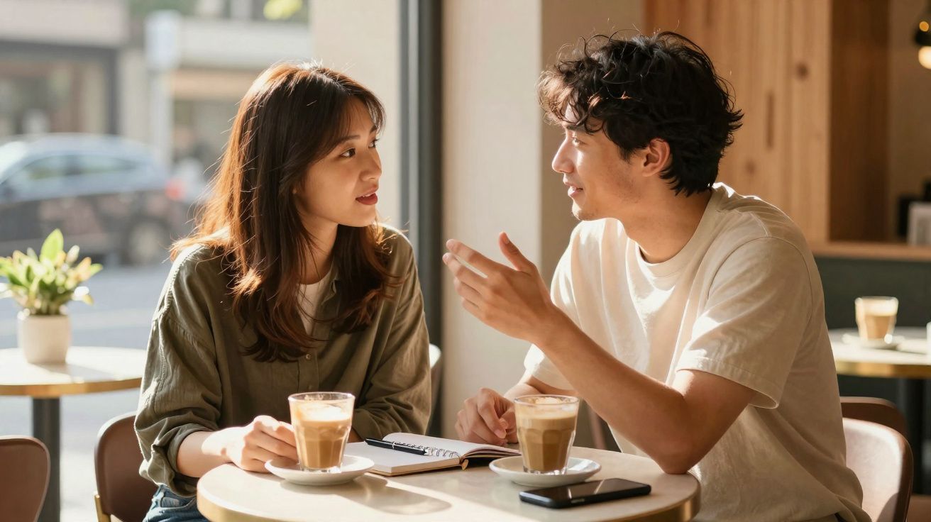 Casal jovem conversando em café, com bebidas e caderno na mesa, ambiente iluminado naturalmente.