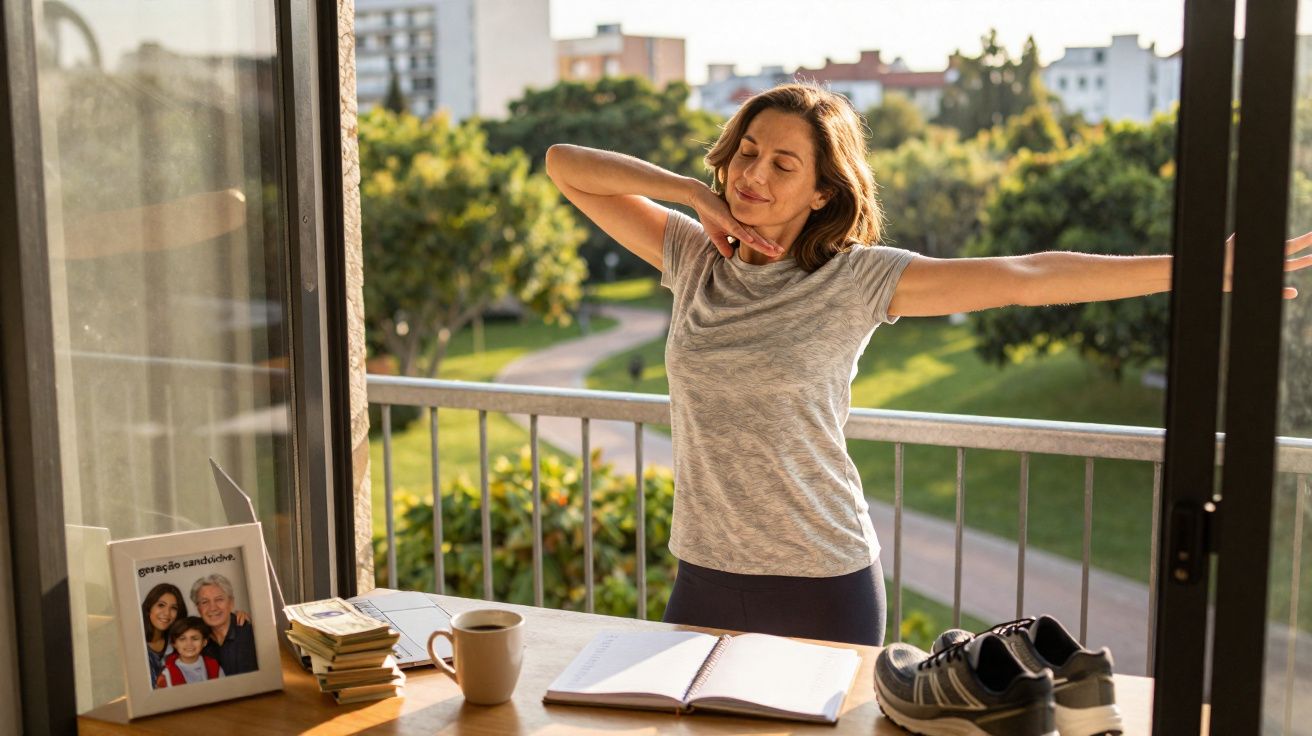 Mulher esticando os braços em varanda com mesa, livro aberto, tênis e foto de família ao fundo.