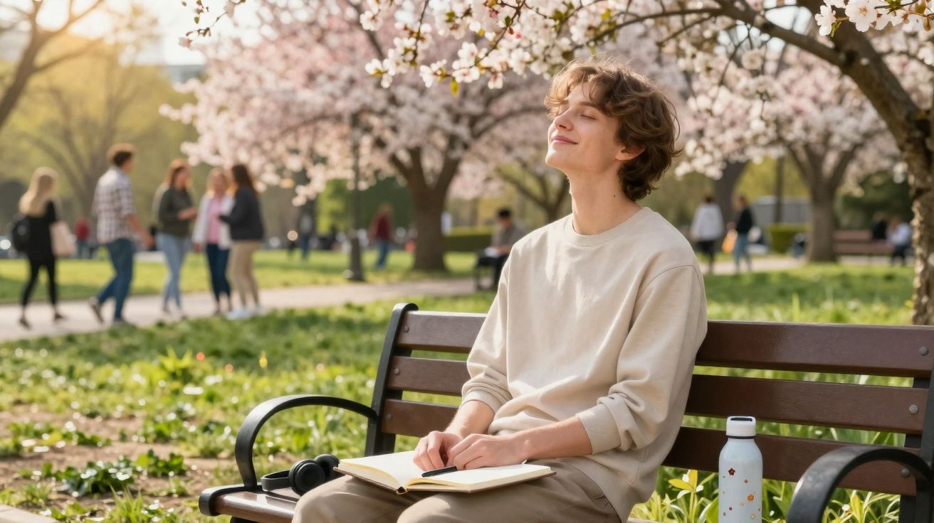 Jovem sentado em banco de parque sob árvores floridas, olhos fechados e livro aberto no colo.