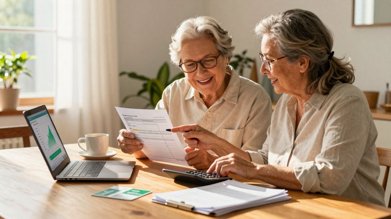 Duas mulheres idosas sentadas à mesa, analisando documentos e usando calculadora com laptop aberto ao lado.