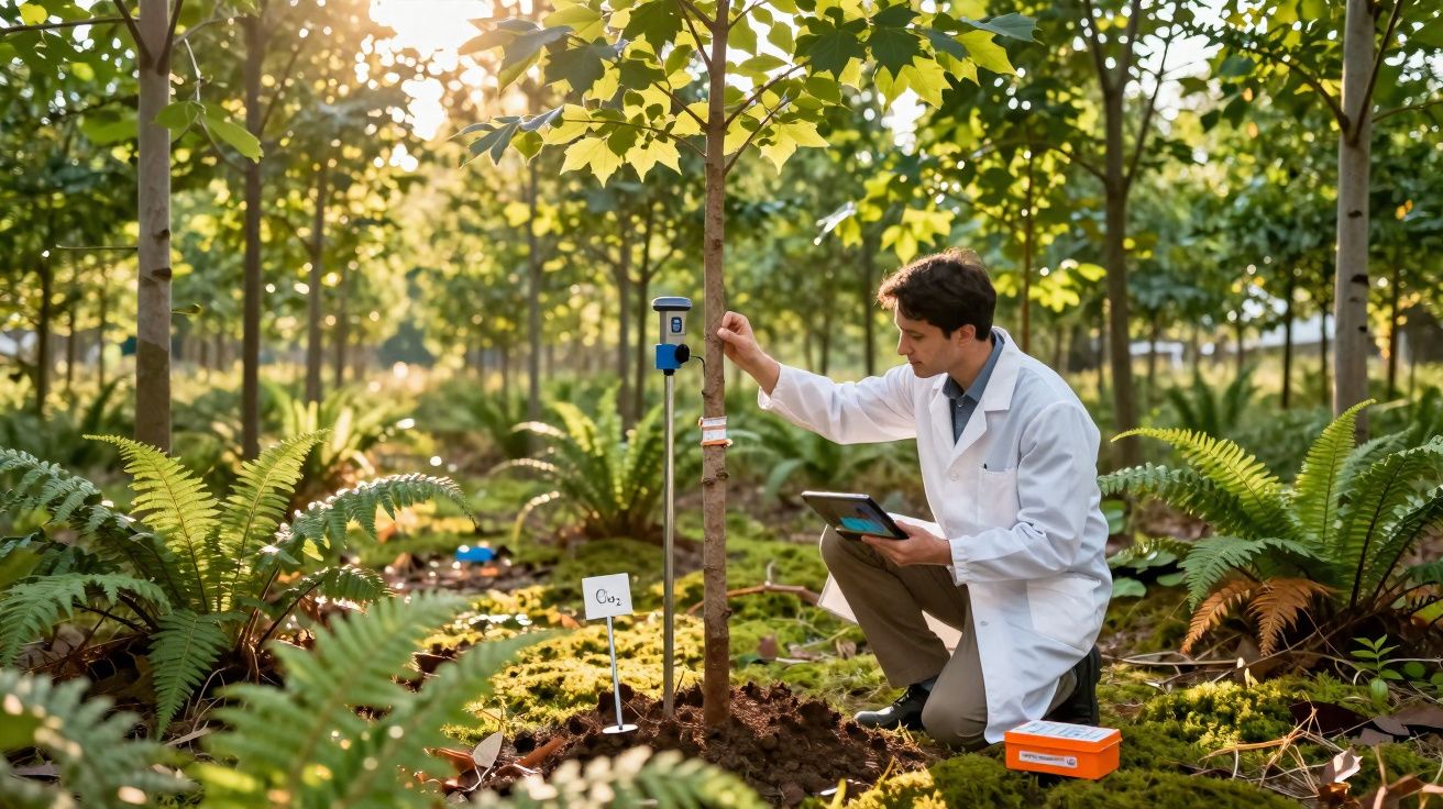 Pesquisador em jaleco branco analisa uma árvore jovem em floresta com tablet na mão.