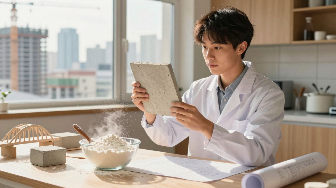 Jovem com jaleco branco examina bloco de cimento em escritório com massa branca e projetos na mesa.